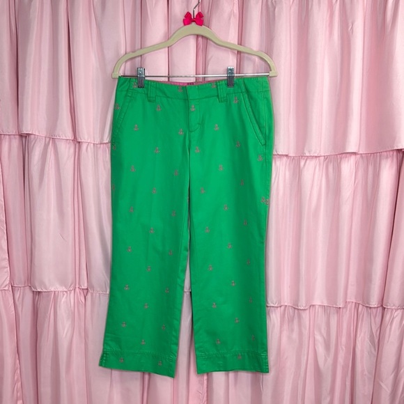 Lilly Pulitzer Palm Beach Fit Cropped Pants Green Pink Anchor Embroidered Size 2 - Picture 1 of 5